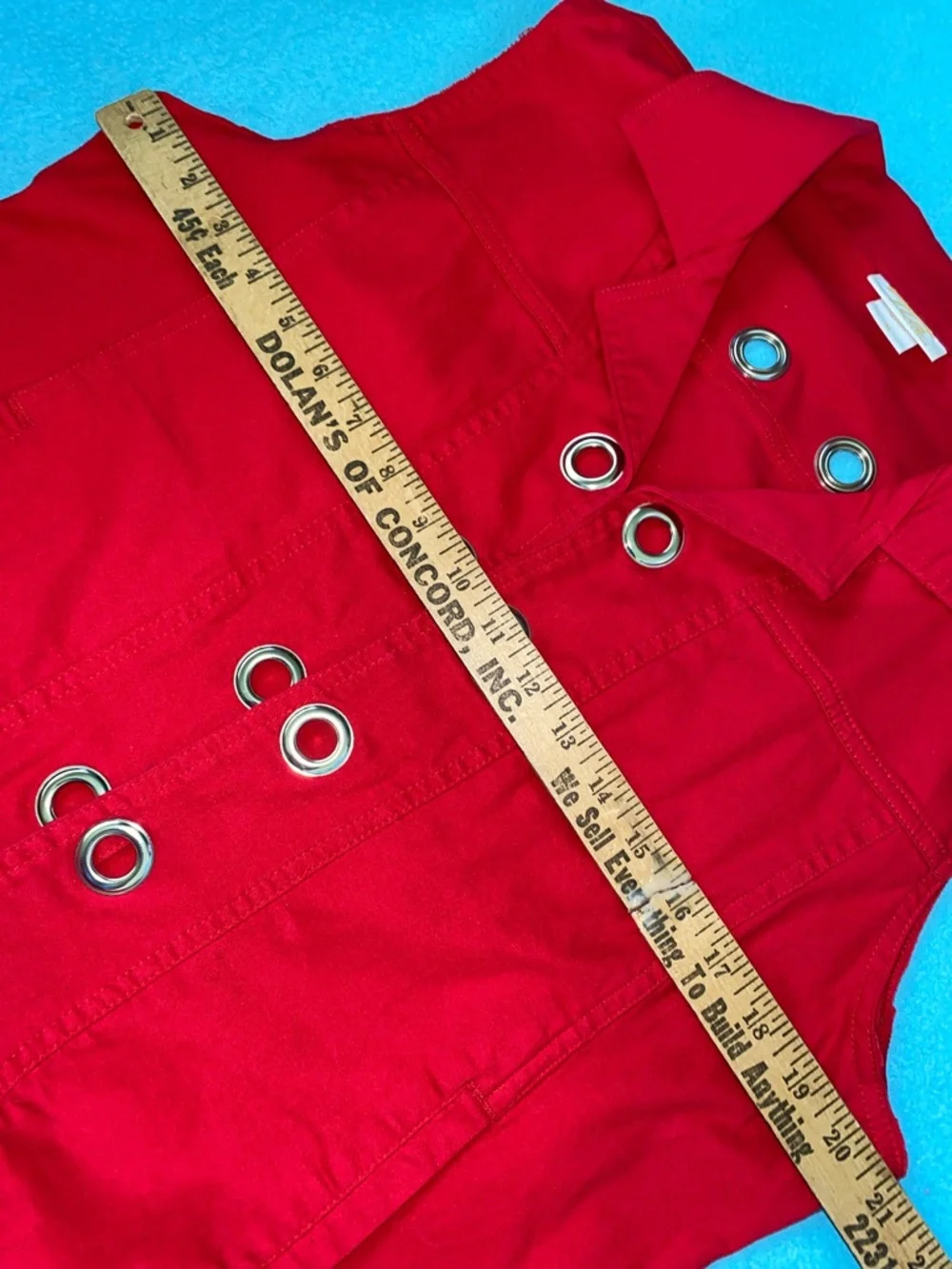 TIA DESIGNS denim vintage red vest silver grommet details 2 front pockets size M